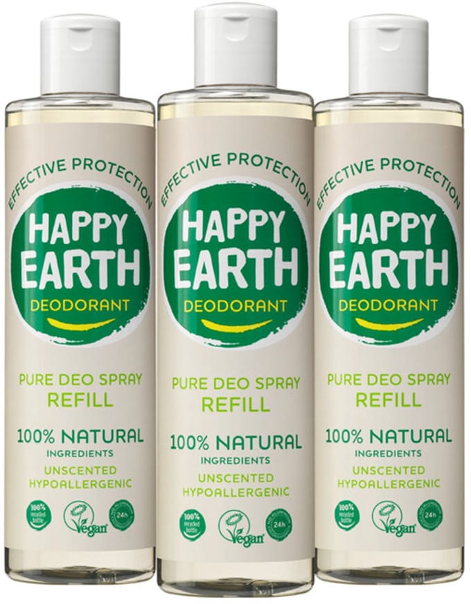 Happy Earth - 100% Natuurlijke Deo Spray Navulling Unscented - 3 x 300 ml - Voordeelverpakking