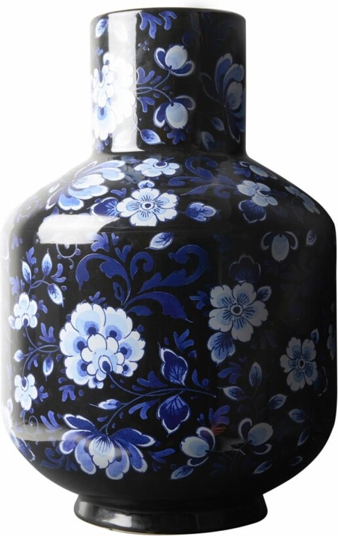 Heinen Delfts Blauw - Hoge bolvaas Zwart - Keramiek - 35 cm