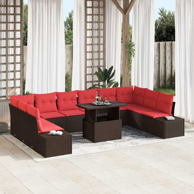 vidaXL - Tuinbank - Set - 11 - st - Bruin - en - Rood - poly - rattan