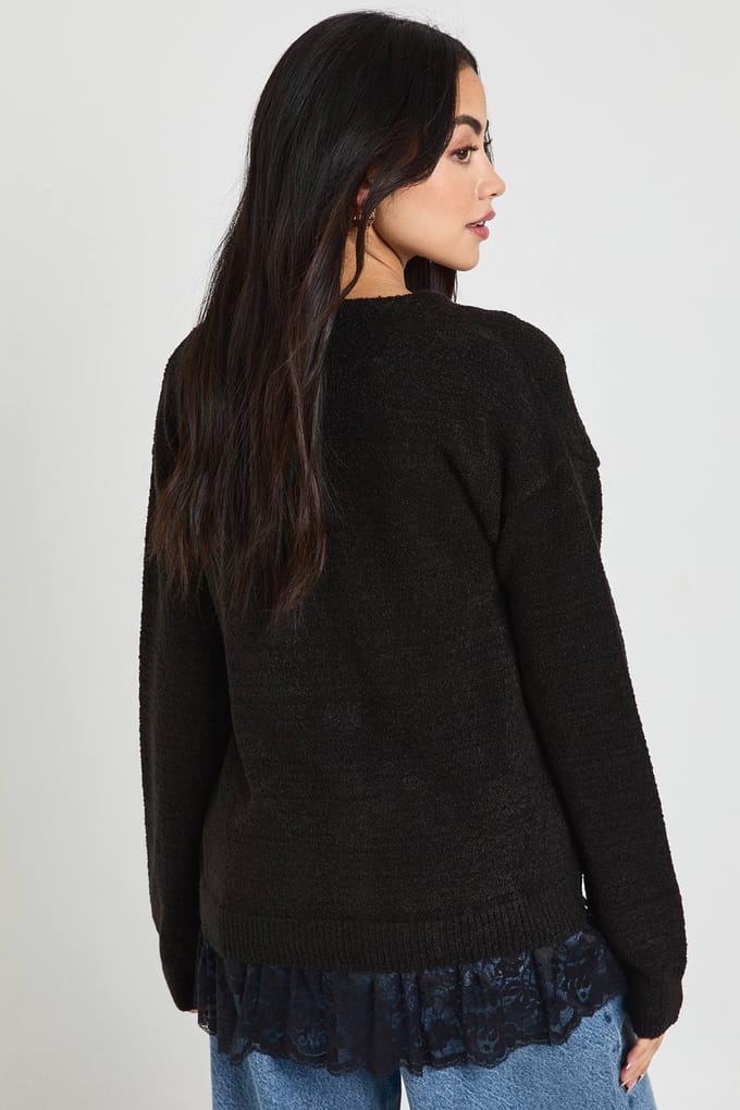 boohoo Dames Gebreid Vest met Kanten Zoom | Black | Maat: Medium
