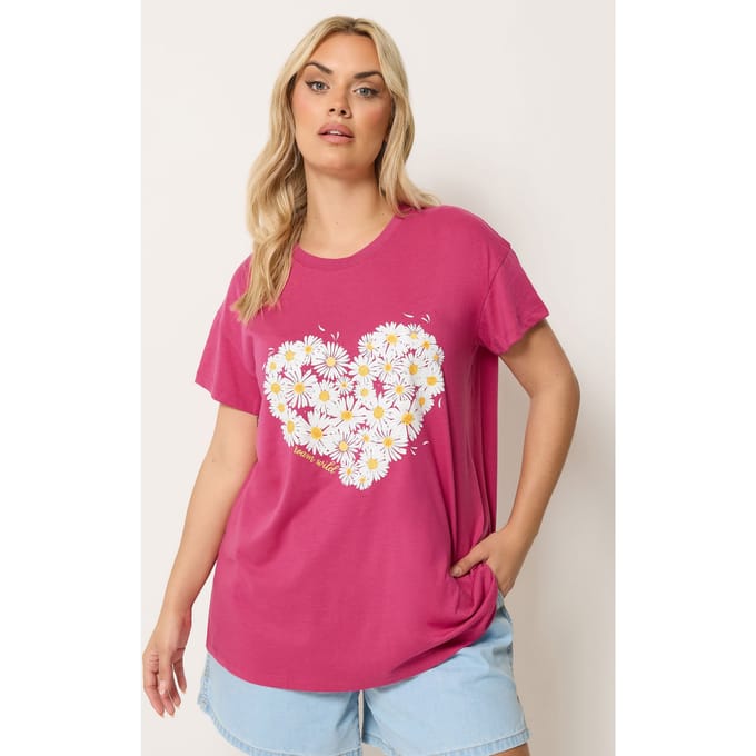 Yours Donkerroze Tshirt Met Madeliefjes En Hartjesprint Size 48