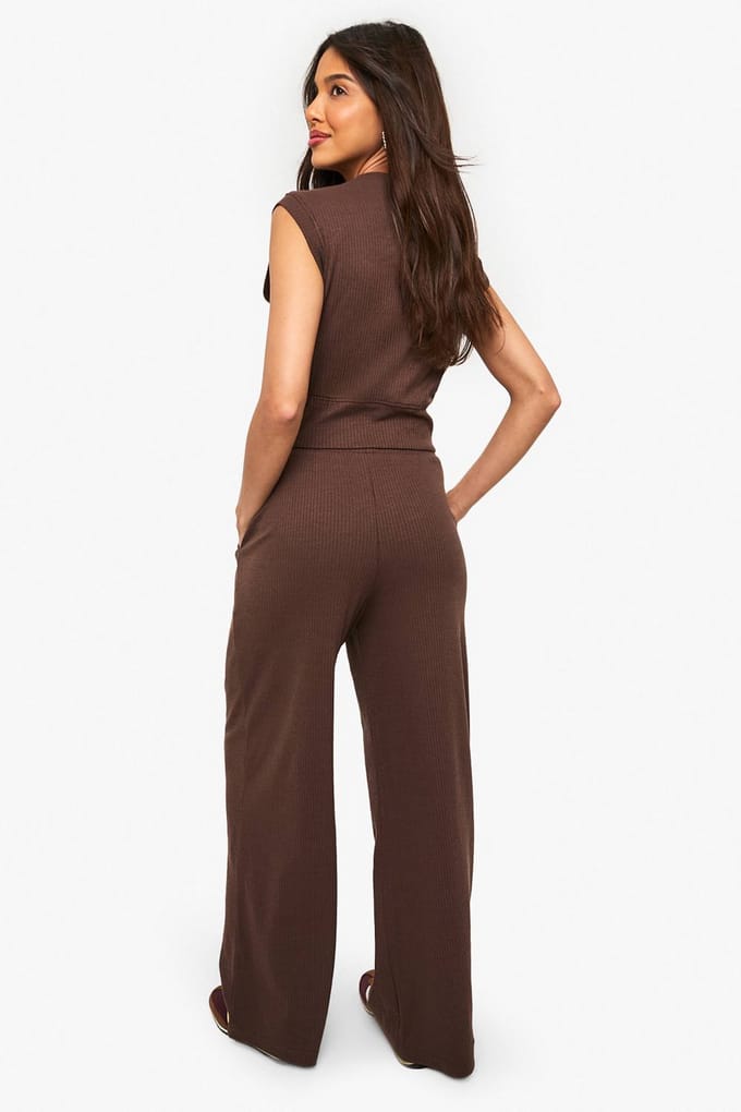 boohoo Dames Rib Wide Leg Trouser | Chocolate | Maat: 14