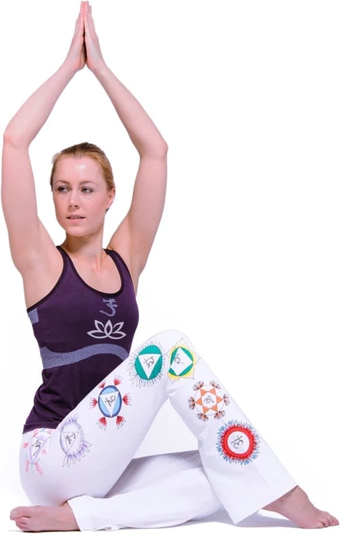 Yoga handgeschilderde chakra broek katoen wit L