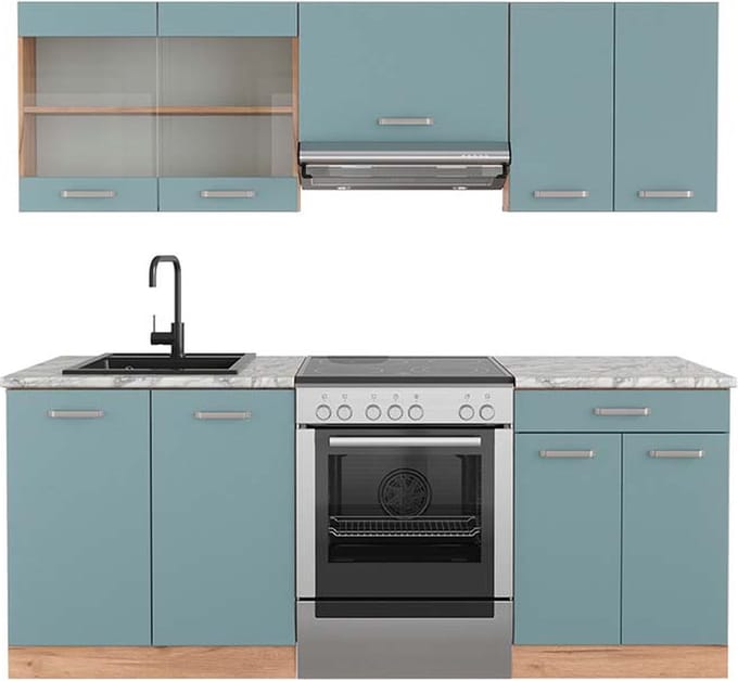 Vicco R-Line Complete keukeneenheid – 200 cm, WB Marmer Blauw-grijs/gouden eik
