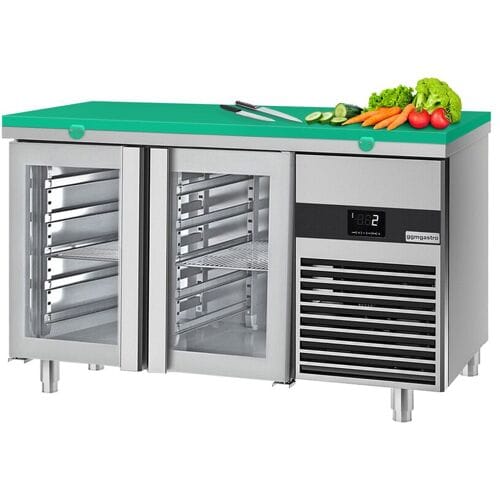 GGM Gastro Kühltisch PREMIUM - 1400x700mm - mit 2 Glastüren - inkl. Schneideplatte Grün