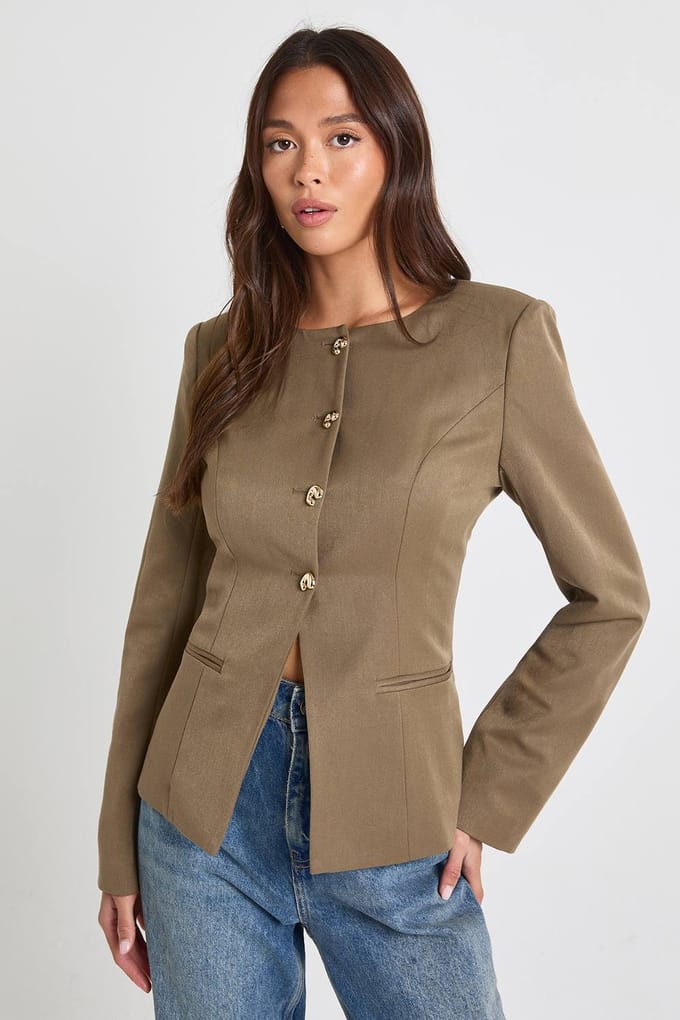 boohoo Dames Gouden accenten kraagloze getailleerde blazer | Kaki | Maat: 40