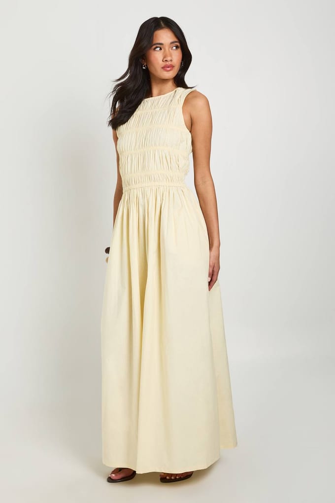 boohoo Dames Katoenen Poplin Gesmockte Maxi Jurk | Citroen | Maat: 34
