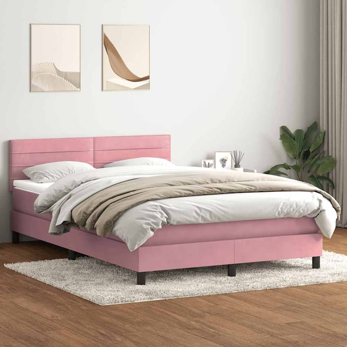 vidaXL - Boxspring - met - matras - fluweel - roze - 140x220 - cm