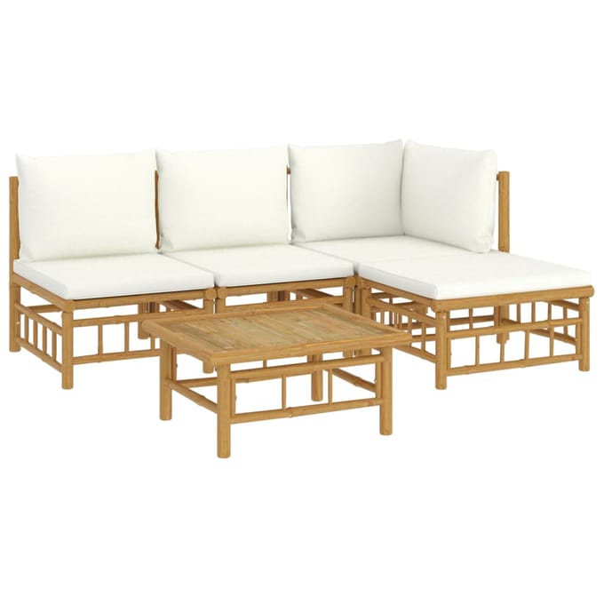 vidaXL - 5-delige - Loungeset - met - kussens - bamboe - crèmewit