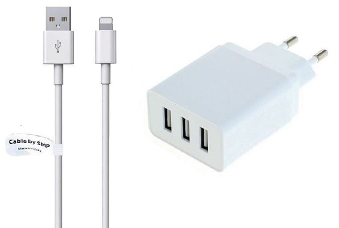 OneOne 3A lader met 3 poorten + 1,5m OneOne Lightning kabel. Universele oplader adapter past op Apple iPhone 5, iPhone 5c, iPhone 5s, iPhone 6, iPhone 6 Plus, iPhone 6s, iPhone 7, iPhone 7 Plus, iPhone 8, iPhone 8 Plus, iPhone SE, iPhone X