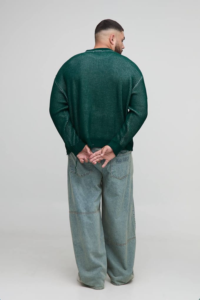 Plus Ribbed Knit Oversized Distressed Varsity Jumper | Forest | Size 2XL