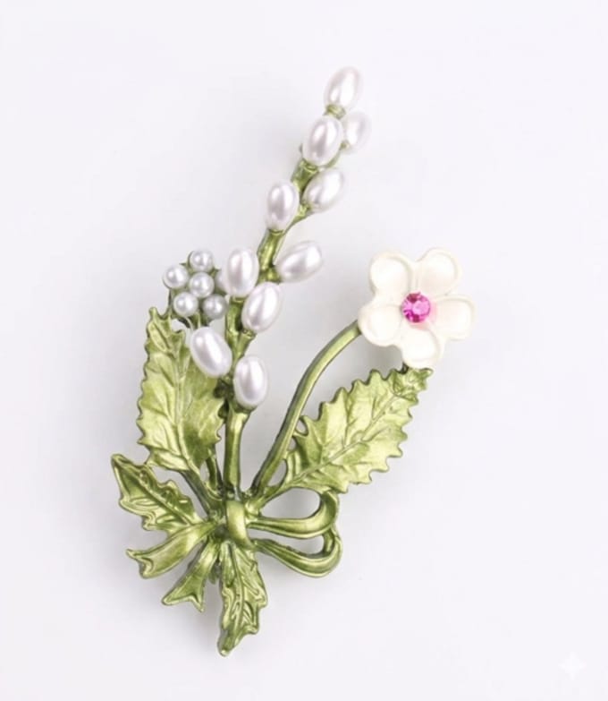 N3 Collecties Elegante parel bloesem broche met groene emaille blaadjes.