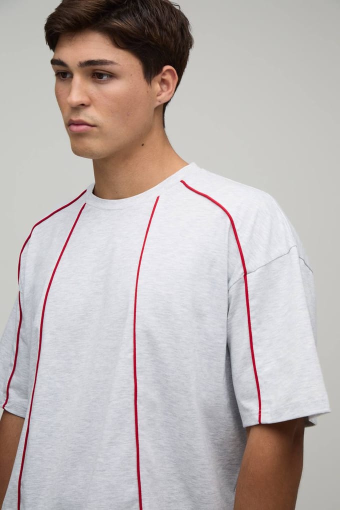 Oversized Boxy T-shirt & Baggy Short Set Met Contrasterende Biesjes | Grey Marl | Size Medium