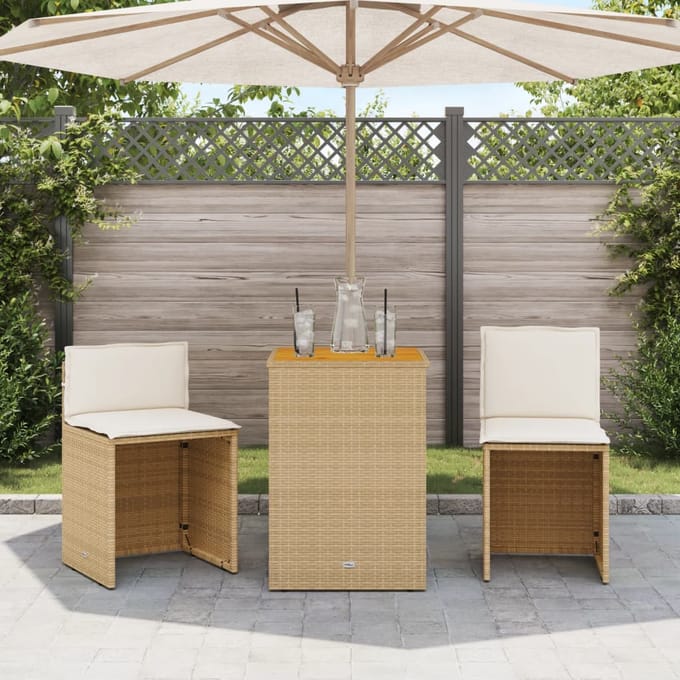 vidaXL - 3-delige - Bistroset - met - kussens - poly - rattan - beige