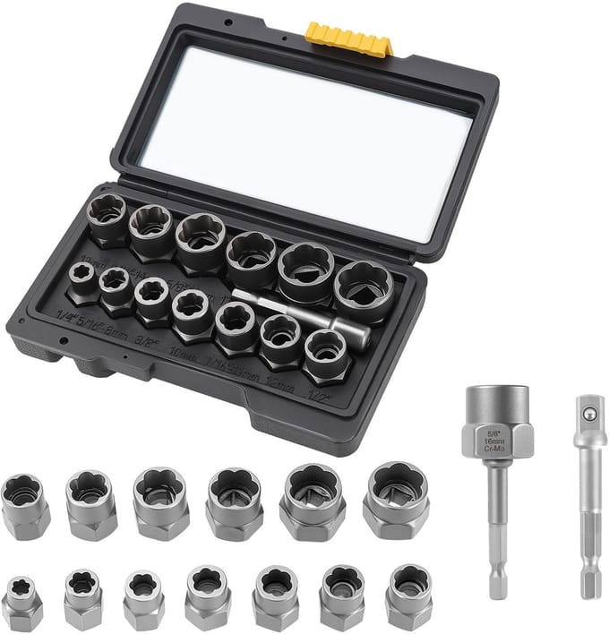 Cosensi- Twist Socket Set 28 Stuks - Moer Verwijdering Tool - Boutafzuigset - Chroom-Vanadium Staal - 6,35 mm/19 mm - Compacte Doos 16,7 x 9,5 x 4 cm - Moerextractor