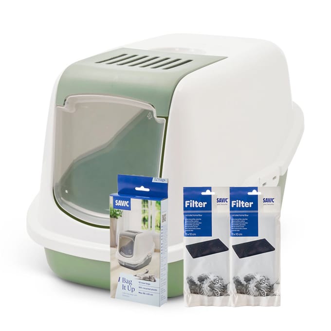 Savic kattenbak Nestor - Startset: Toilet botanisch groen/wit + 1 filter + 12 zakken