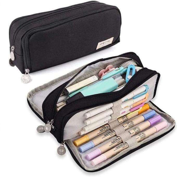 Trousse à crayons multifonctionnelle à 3 compartiments, grande capacité, pour filles, garçons, écoliers, étudiants, bureau, papeterie noir