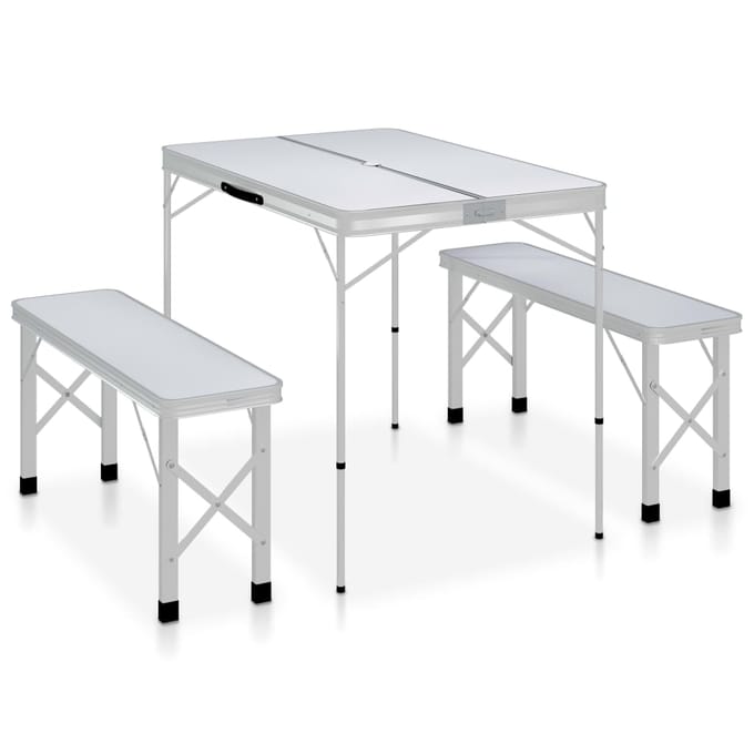vidaXL - Campingtafel - inklapbaar - met - 2 - banken - aluminium - wit