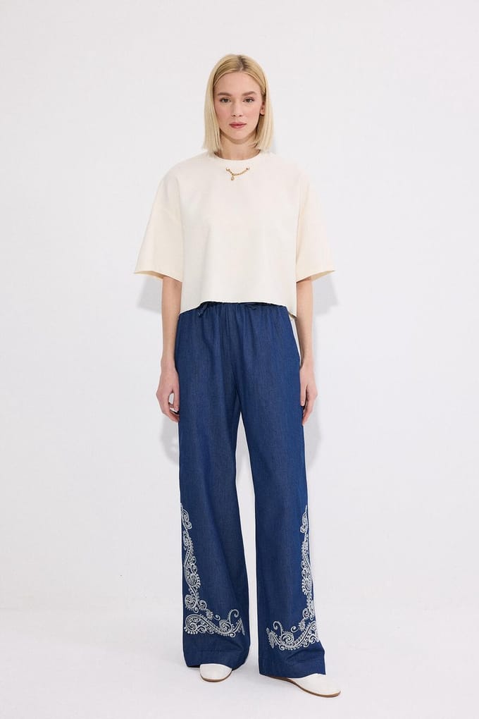 Touché Privé - Geborduurde broek met elastische taille - Blauw - Dames