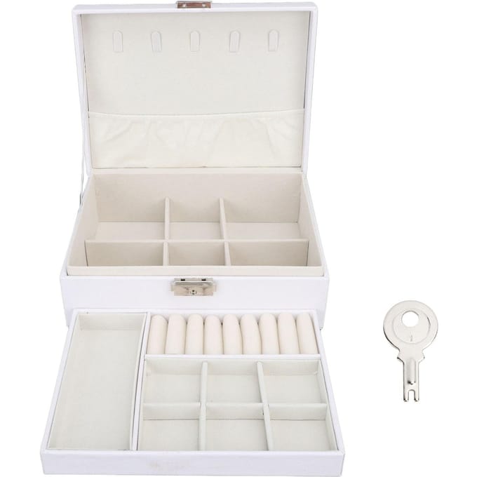 Sieradendoos Wit Hout Grote Capaciteit 2 Lagen Meerdere Vakjes PU Leer Draagbaar beige