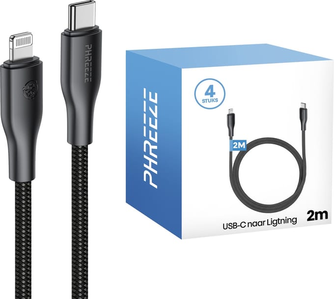 Kabel geschikt voor iPhone met Lightning naar usb C - 4 pack - 20w - 2 meter - Zwart - Phreeze