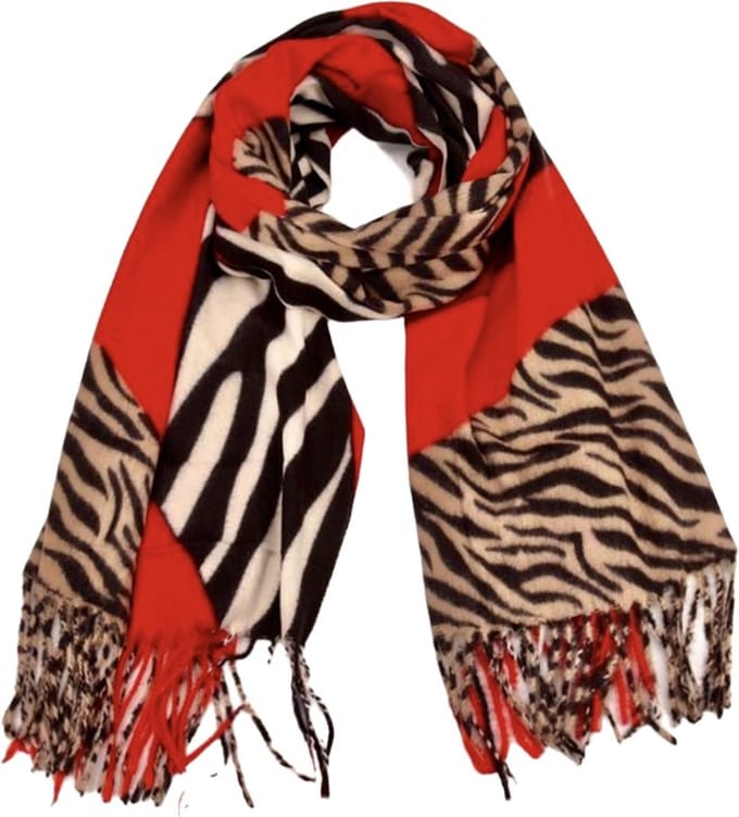 Dames lange sjaal warm met zebra/tijgerprint rood/zwart/wit/beige