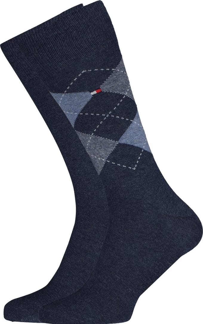 Tommy Hilfiger Check Socks (2-pack) - herensokken katoen - geruit en uni - jeans blauw
