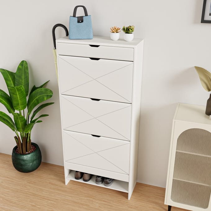 MODFU Schoenenkast - 3 Kantelvakken En Lade - Modern - Voor Hal - MDF - Wit