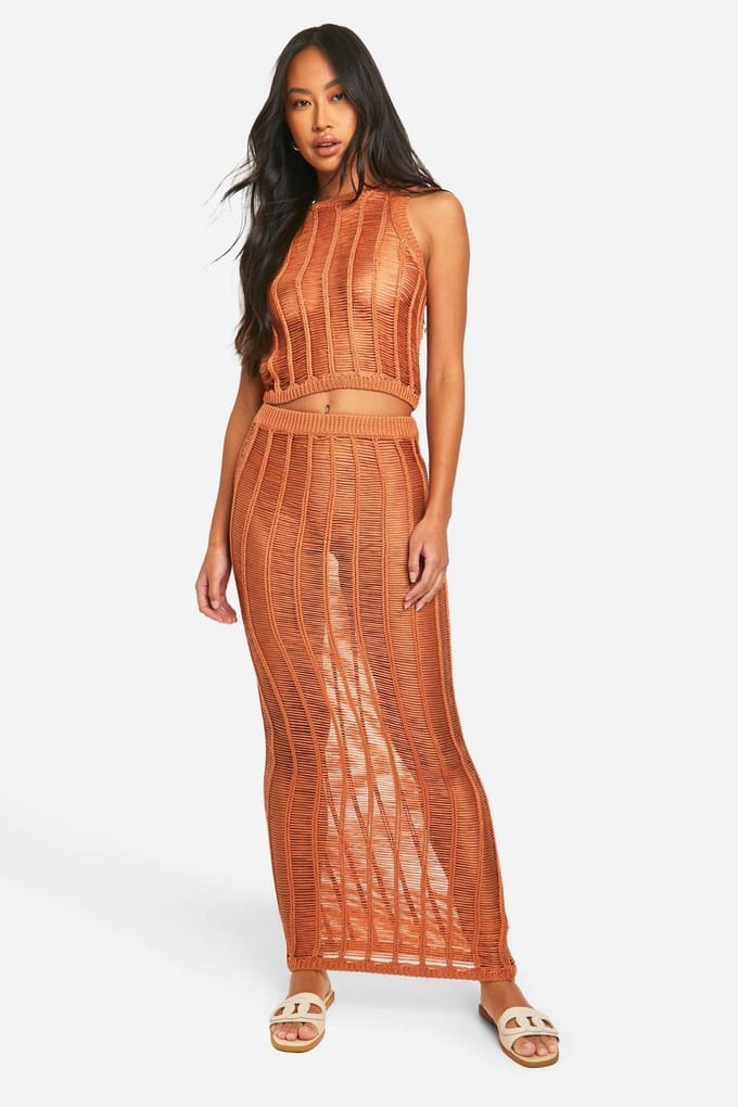 boohoo Dames Ladder Stitch Racer-top en Maxi Rok Gebreide Set | Roest | Maat: Medium