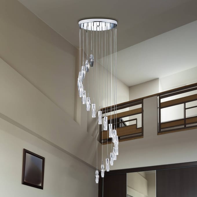 Searchlight Gebeeldhouwde Ice hanglamp, 9-lamps, chroom/helder, glas, G4