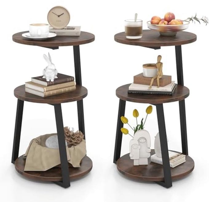Giantex 3-Tier Side Table, 62 cm, Bedside Table with 3 Wooden Shelves, Coffee Table, Metal Frame, Adjustable Foot Slides, Round Side Table, Industrial Design (2)