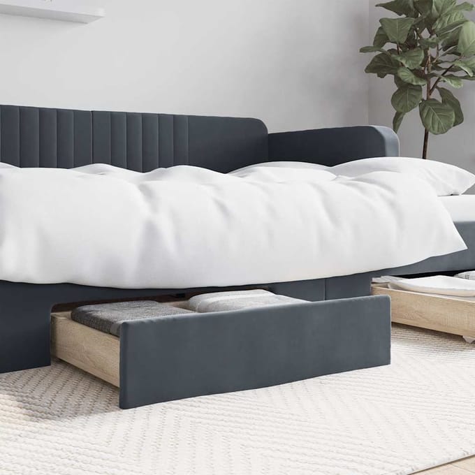 vidaXL Bedlades 2 st Bewerkt hout en fluweel donkergrijs