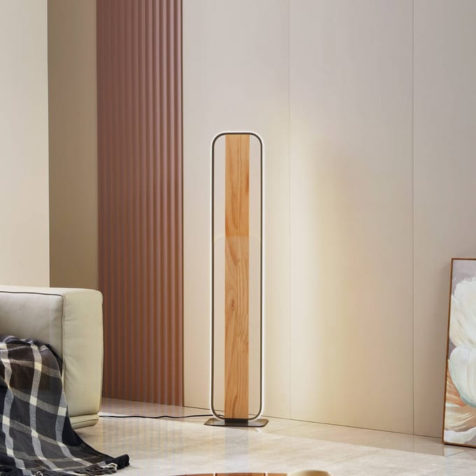 Lindby LED vloerlamp Romilda, grijs, hout, hoogte 122 cm