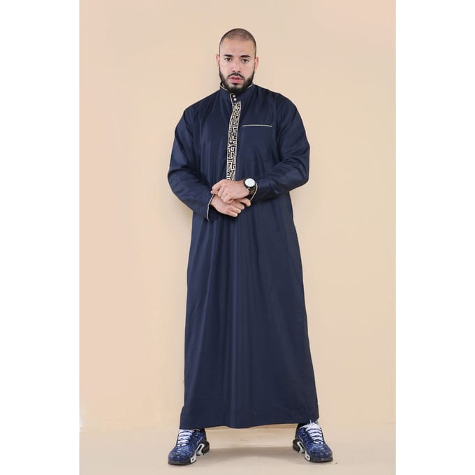Mens Navy Thobe Jubba Emirati Islamitische Arabische Eid Borduur Kaftan Jubbah Robe