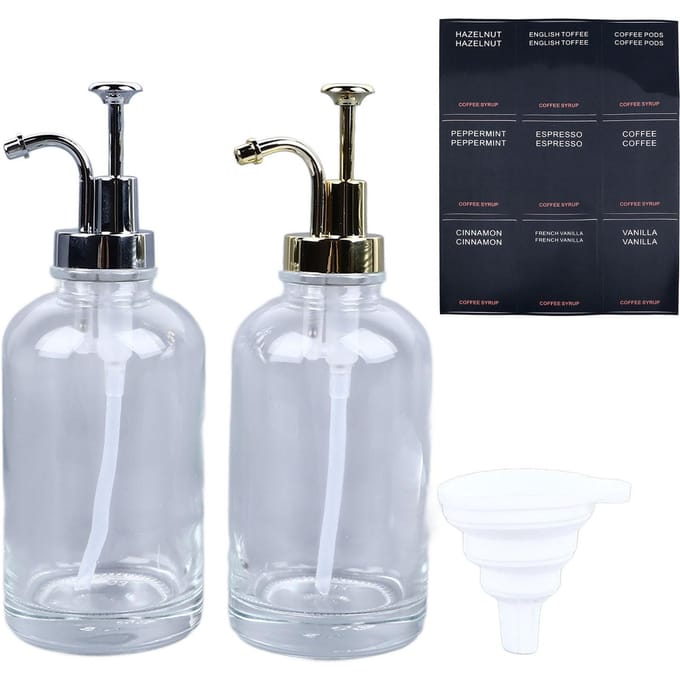 2 STUKS Koffiesiroopdispensers 500ml Glazen Fles Dispenser met RVS Pomp Koffiebar gray