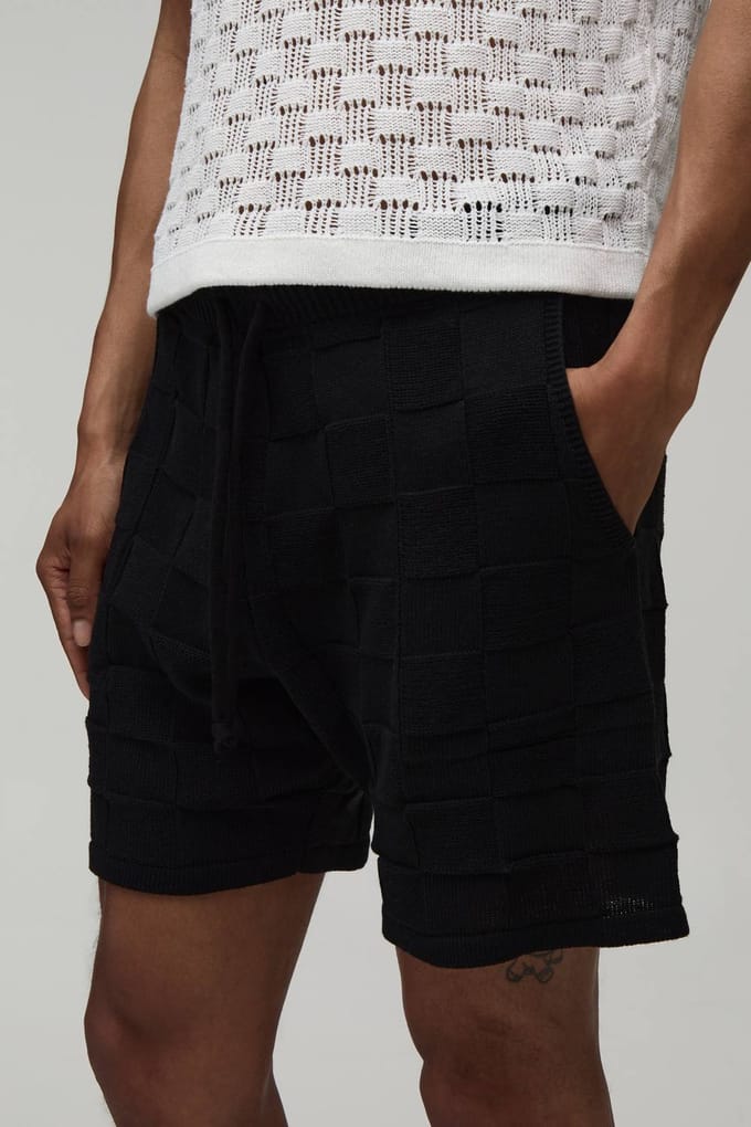 Ontspannen Gebreide Short Met Dambordpatroon | Black | Size Medium