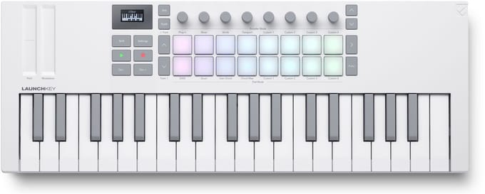 Novation Launchkey Mini 37 MK4 - MIDI Keyboard Controller - 37 Mini-Toetsen - 3 Octaven - 16 FSR Drumpad - 8 Encoders - Touch-Strips - OLED Display - USB-C - 3,5 mm MIDI - Wit