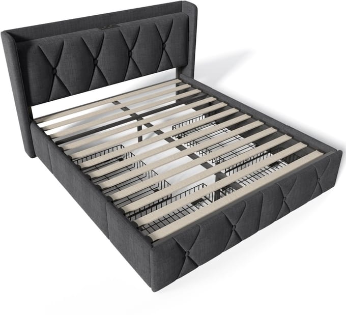 COVREO Bedframe 140x200 cm grijs, USB, 4 lades, lattenbodem, zonder matras