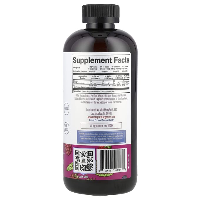 MaryRuth's, Fer liquide végétalien, 4 ans et plus, baies, 15,22 fl oz (450ml)