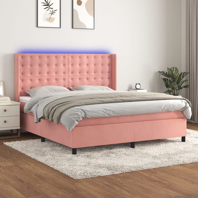 vidaXL - Boxspring - met - matras - en - LED - fluweel - roze - 160x200 - cm