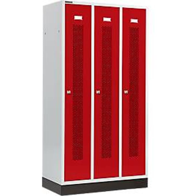 Schäfer Shop Select Kledinglocker, met geperforeerde rijen, 3 compartimenten, 300 mm, met fitting, cilinderslot, Deur robijnrood