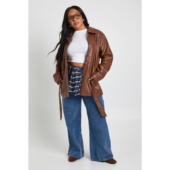 boohoo Dames Plus PU ceintuurtrenchcoat | Bruin | Maat: 46