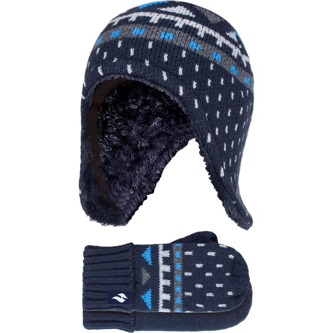 Heat Holders Jongens Nepbont Pom Pom Muts & Wanten - Marine