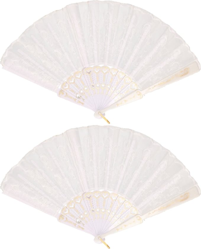 Boland Spaanse handwaaier - 2x - wit - kunststof/polyester - 42 x 24 cm