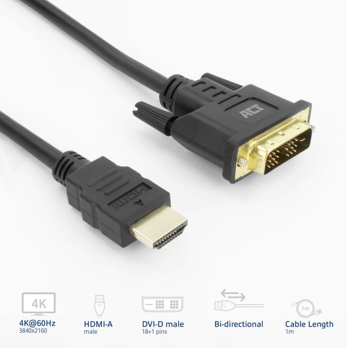 ACT HDMI-A male naar DVI-D male adapterkabel, 1 meter AK3734