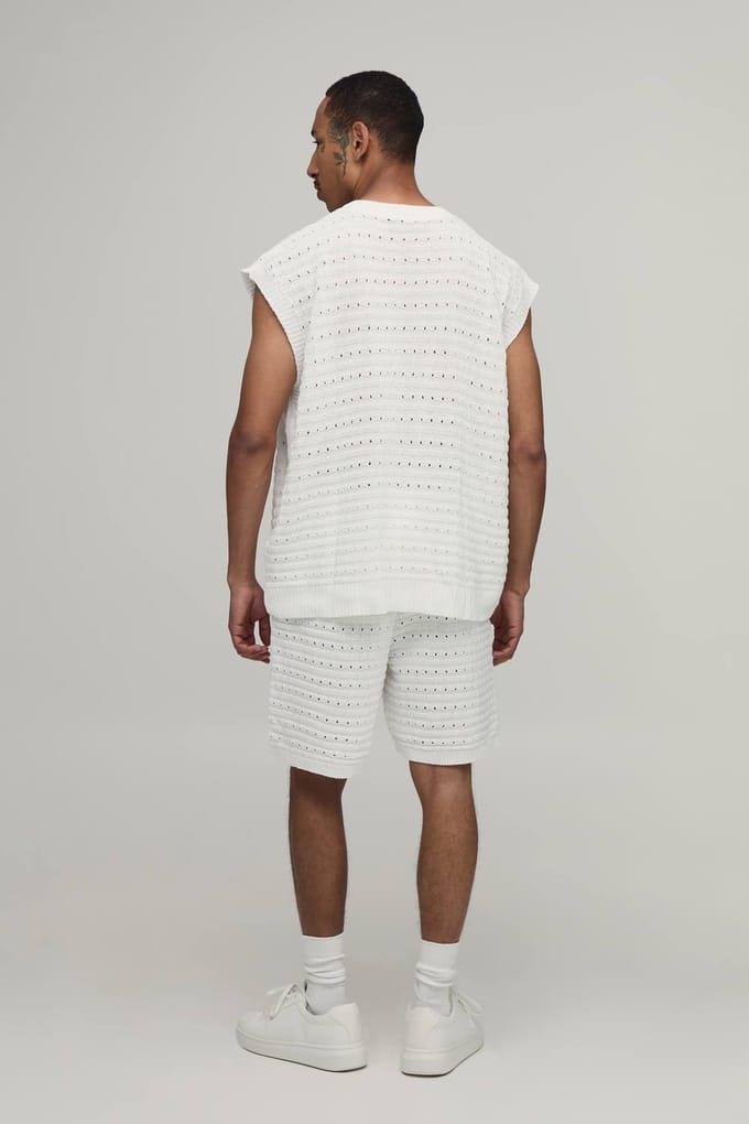 Oversized Open Steek Katoenmix Gebreide Tanktop En Short Set | Ecru | Size Medium