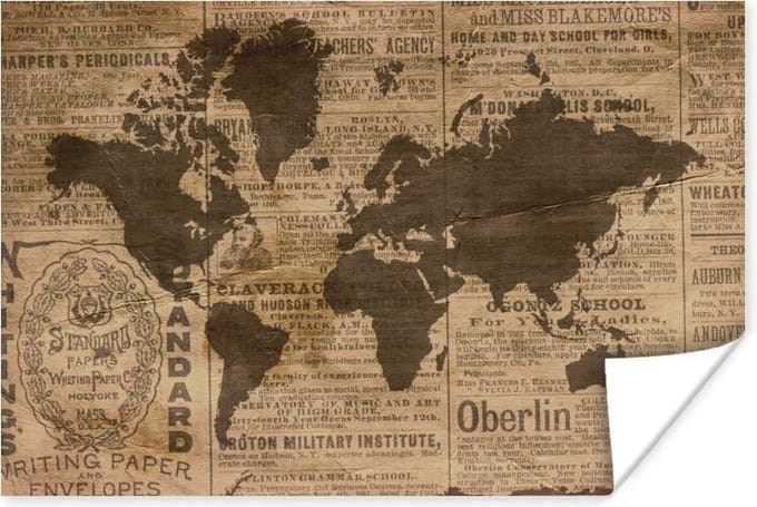 Poster - Wereldkaart - Retro - Krant - 120x80 cm
