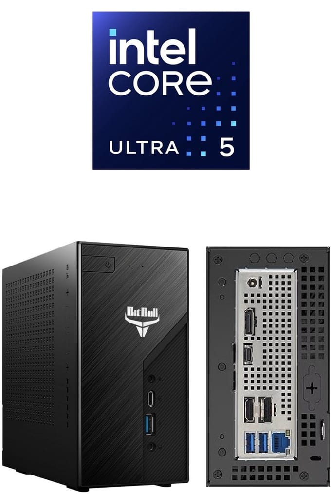 BitBull Mini PC|Intel Core Ultra 5|32GB DDR5 RAM|4TB SSD|INCLUSIEF MS OFFICE 2024|18-Core 250K|WIFI 6E|BT 5.4|LAN 2.5|USB Gen 2x2|Thunderbolt 4|4 Monitoren Support