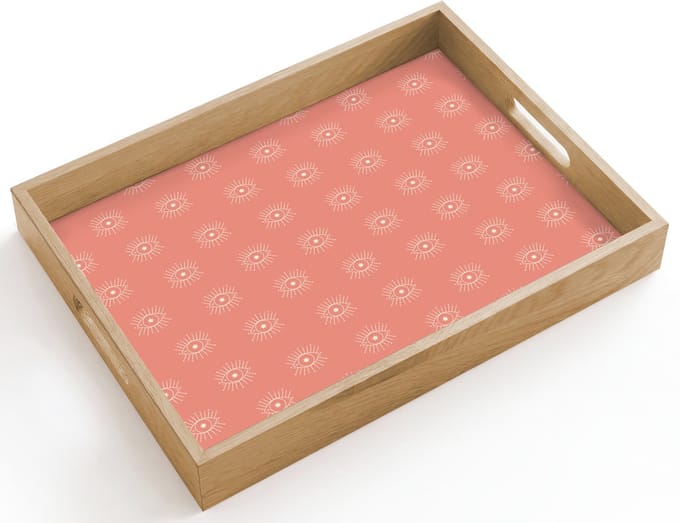 Dienblad hout 40x30 cm - Schootdienblad - Boho - Print - Roze - Wit - Ogen - Borrelplank rechthoek - Plateau dienbladen
