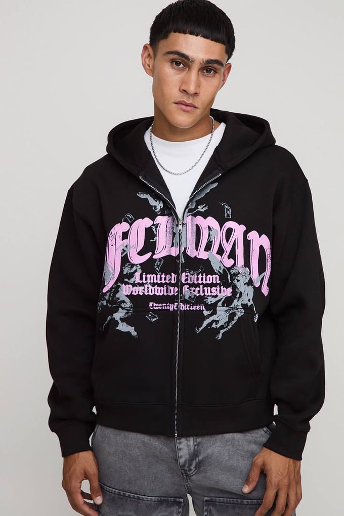 Zwarte oversized boxy zip-through hoodie voor mannen met print | Black | Size Medium